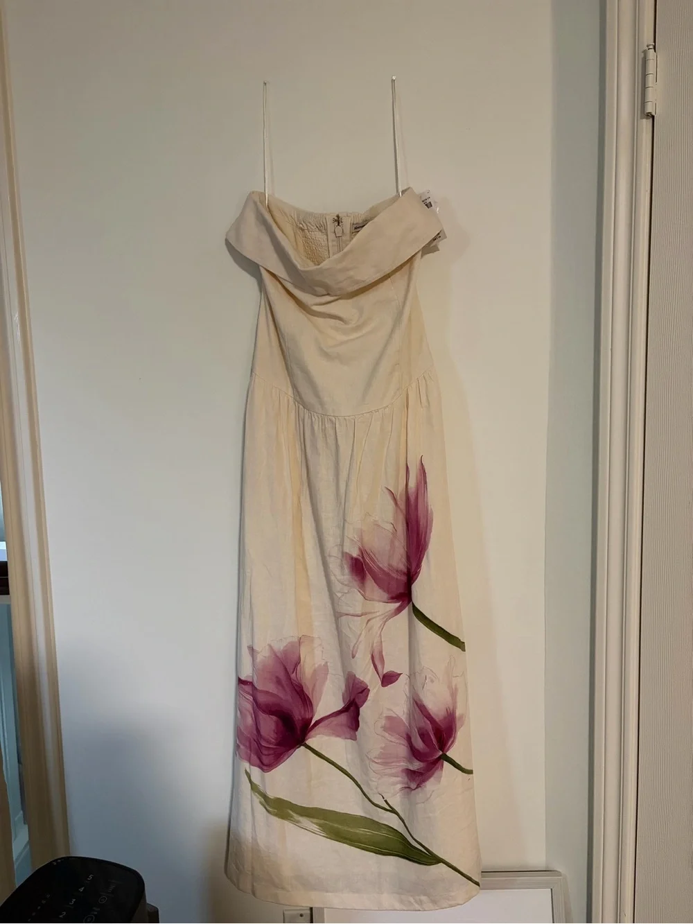 Ivory drop waist linen Maxi Dress with Pink Floral Print